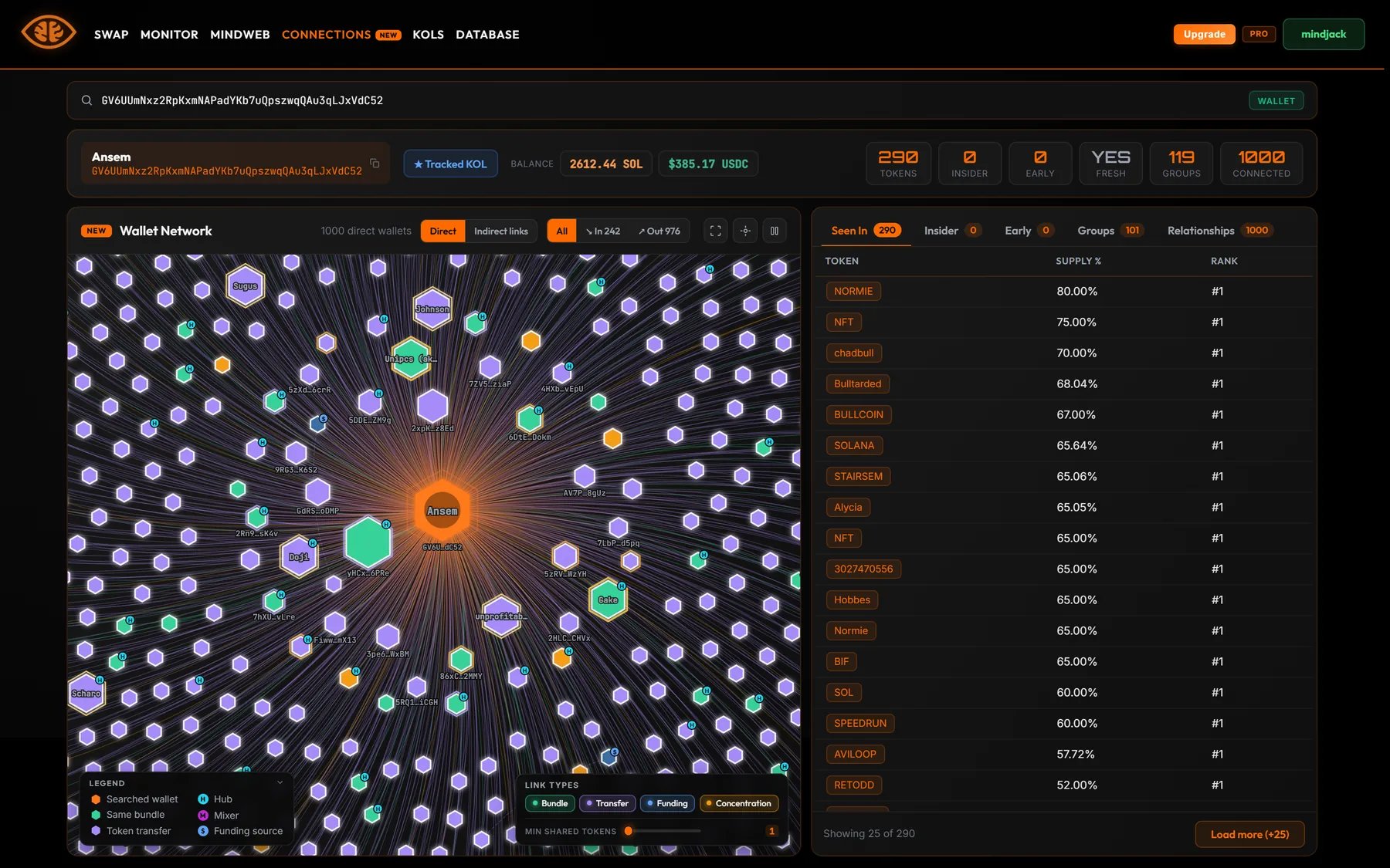 The Connections wallet network view showing a searched wallet at the centre with hundreds of connected wallets