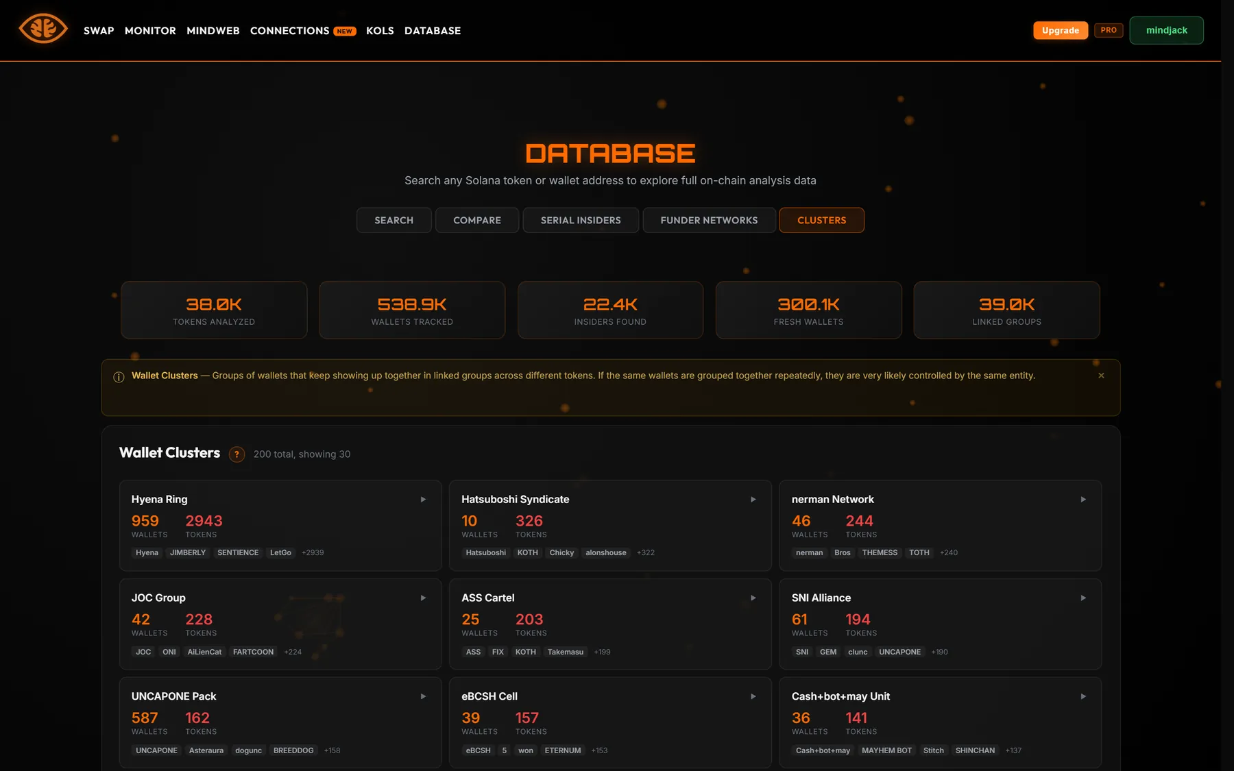 Wallet clusters view with named clusters showing wallet and token counts