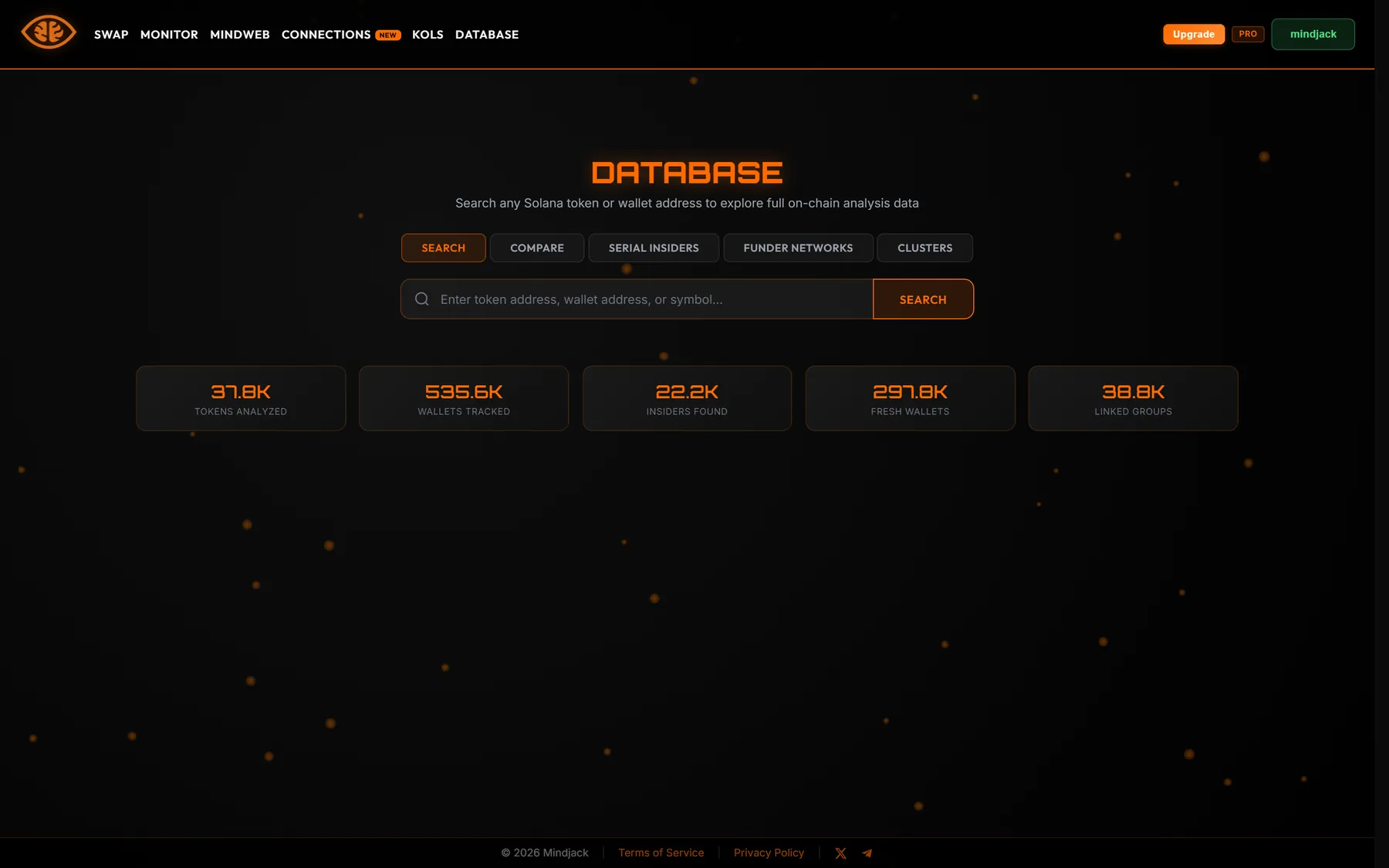 Database page in Search mode with the global stats bar