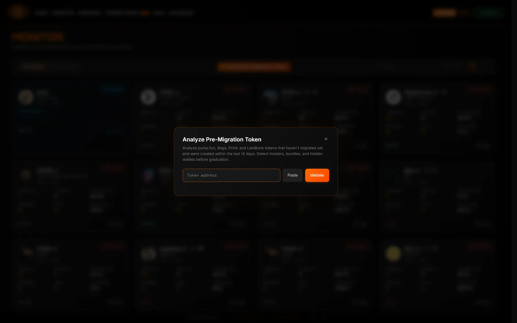 The Analyze Pre-Migration Token modal with a token address field, Paste and Validate buttons