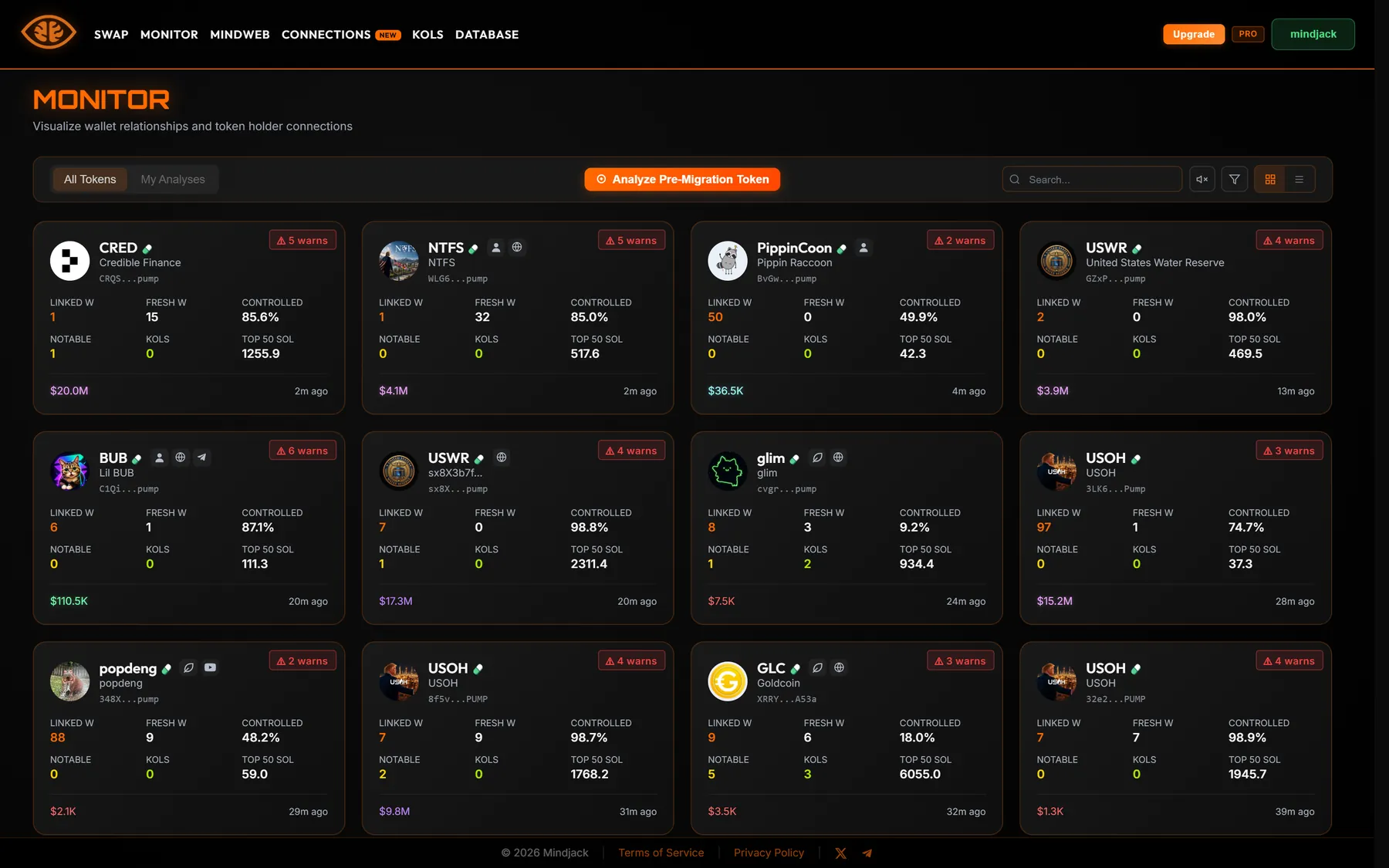 Mindjack Monitor showing the analyzed token list in card view