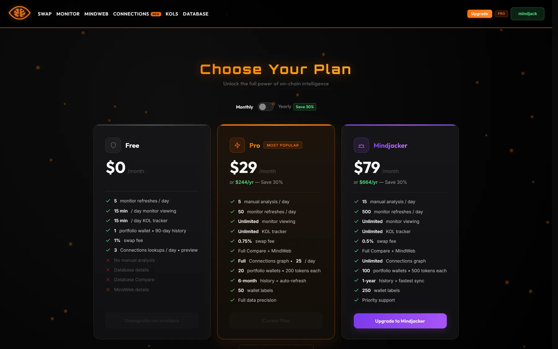 Pricing page with the three plan cards and a monthly/yearly billing toggle